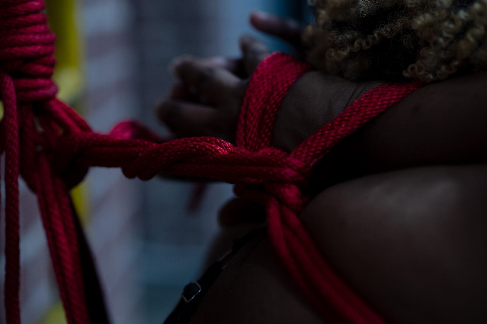 Model in rope on a chair.