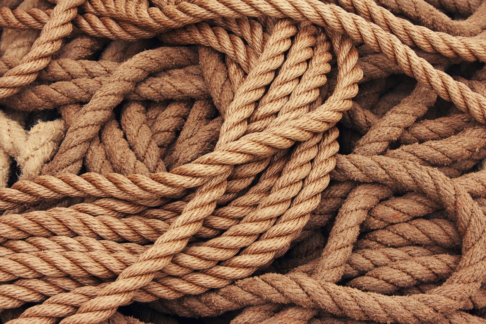 Close study of jute rope catching warm light.