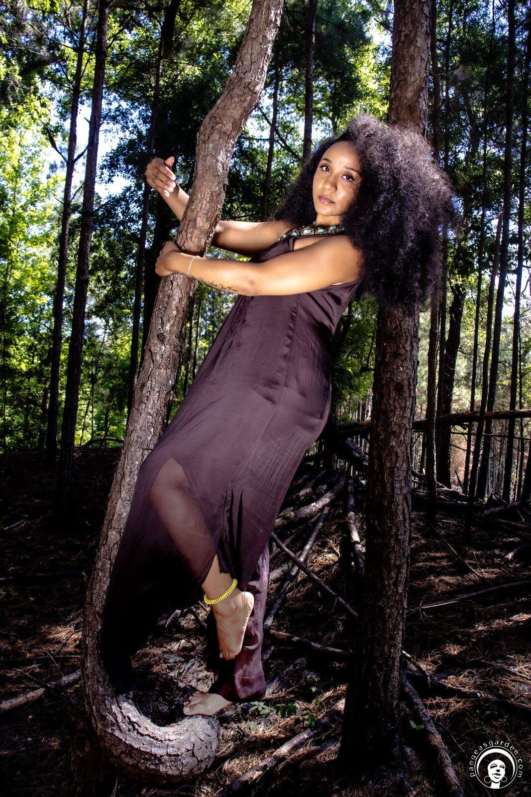Red-haired model in flowing brown gown by a pine tree.