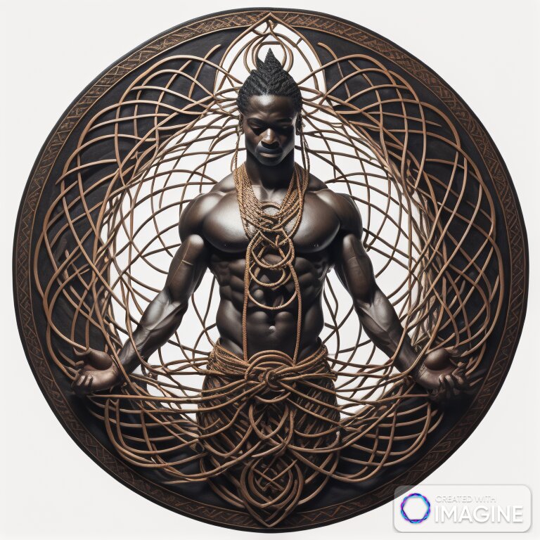 Figure standing upright in an open field, held within rope, wind moving around them