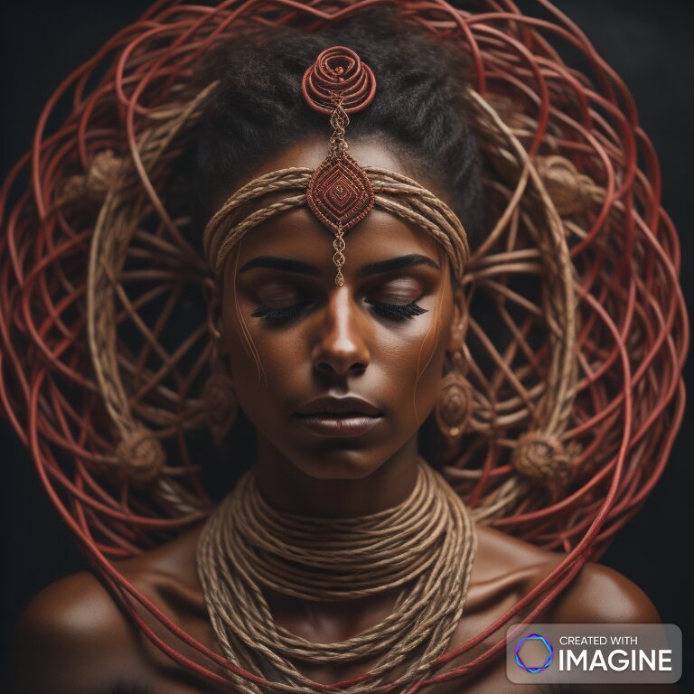 Rope arranged into a mandala crown radiating around a figure at rest